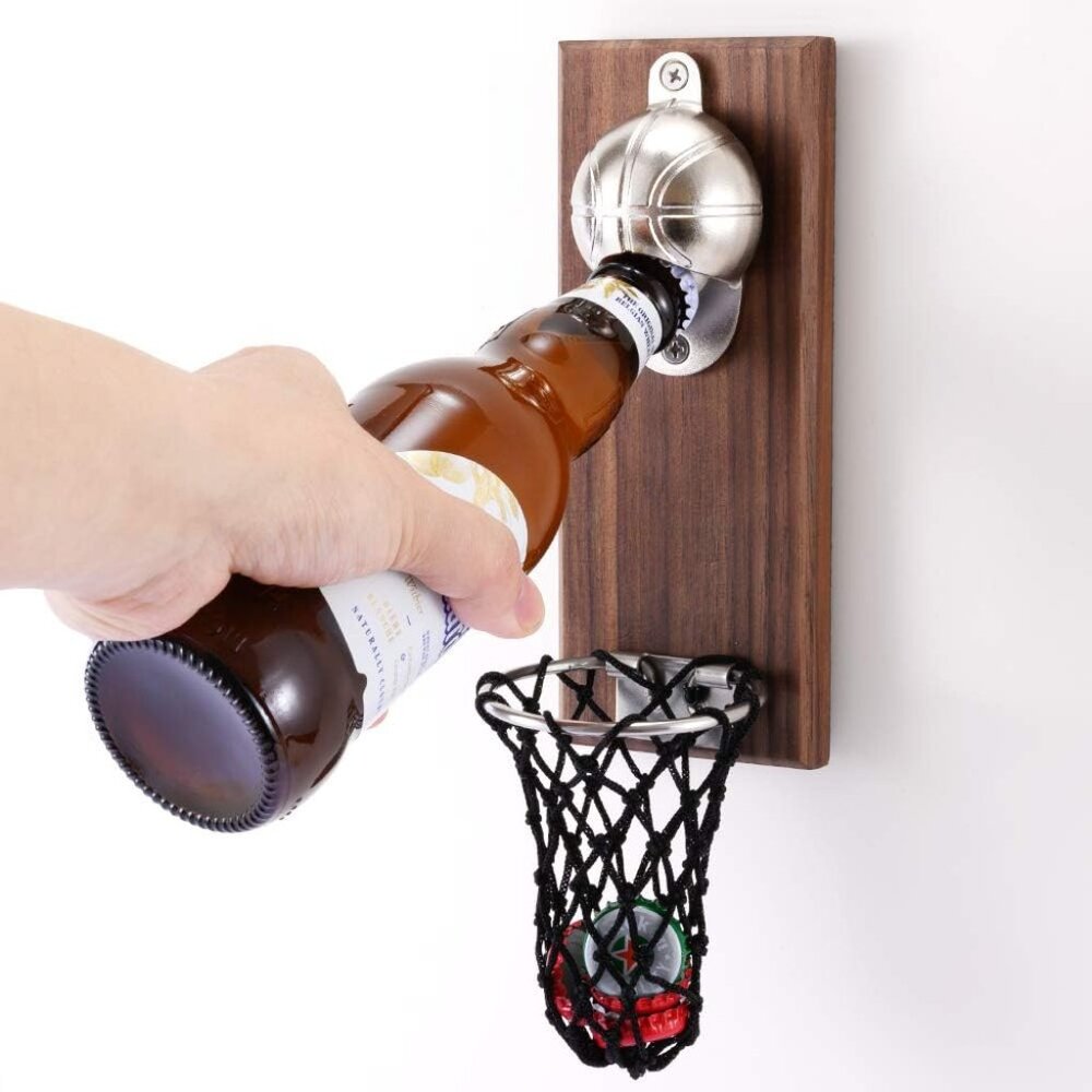 Magnetic Basketball Bottle Opener, Wooden Wall Mounted Opener with Cap Collector